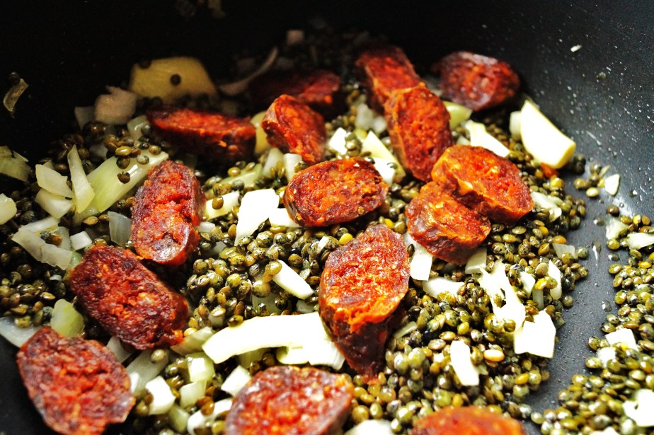 Cooking the lentils and chorizo